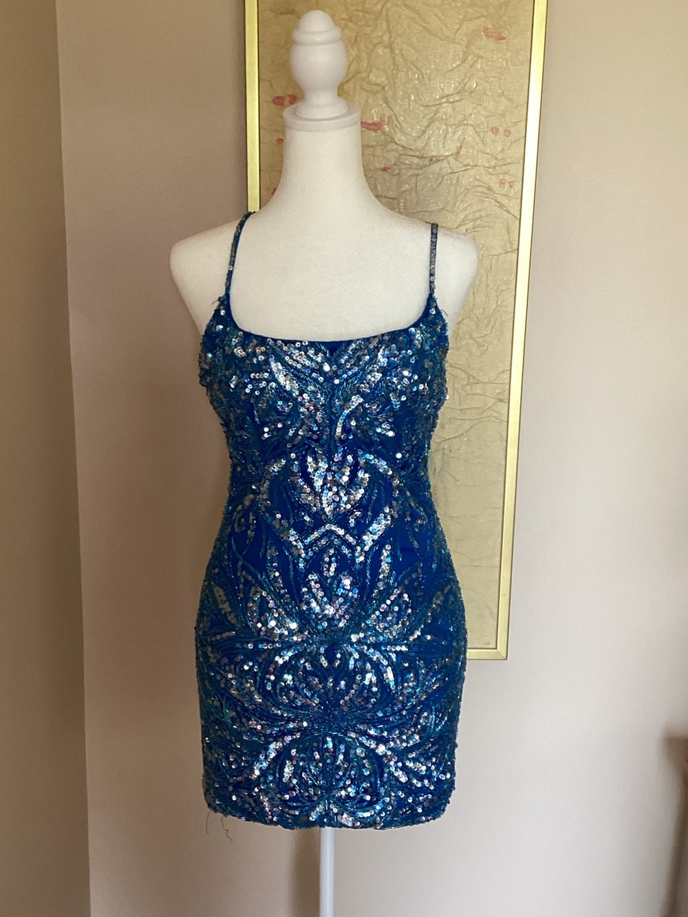 Embellished Royal Blue Spaghetti Strap Mini Dress